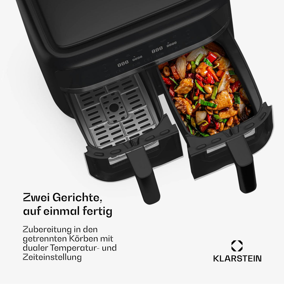Klarstein Heissluftfritteuse, Airfryer mit 2 Kammern, 2850W Kompakte Heissluftfritteuse, 7,6L Luft-F