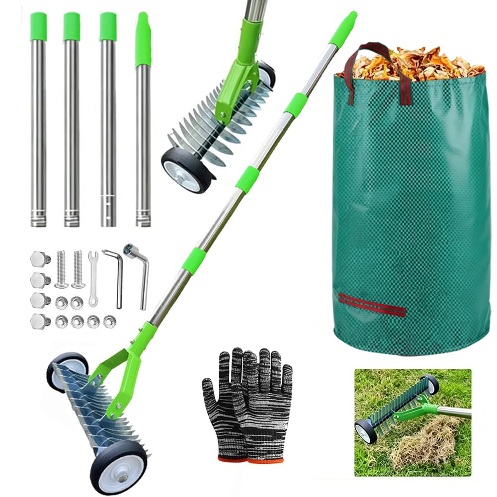 Handvertikutierer mit Rollen, Schneidrechen mit Stiel 165cm, Vertikutierer Rechen Hand mit Gartenabf