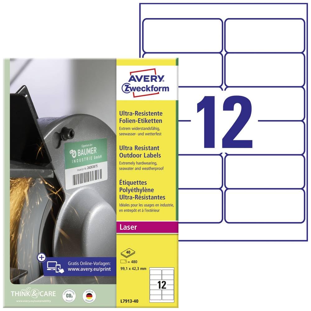 AVERY Zweckform L7913-40 Strapazierfähige Folienetiketten (480 Aufkleber, 99,1x42,3mm auf A4, extrem