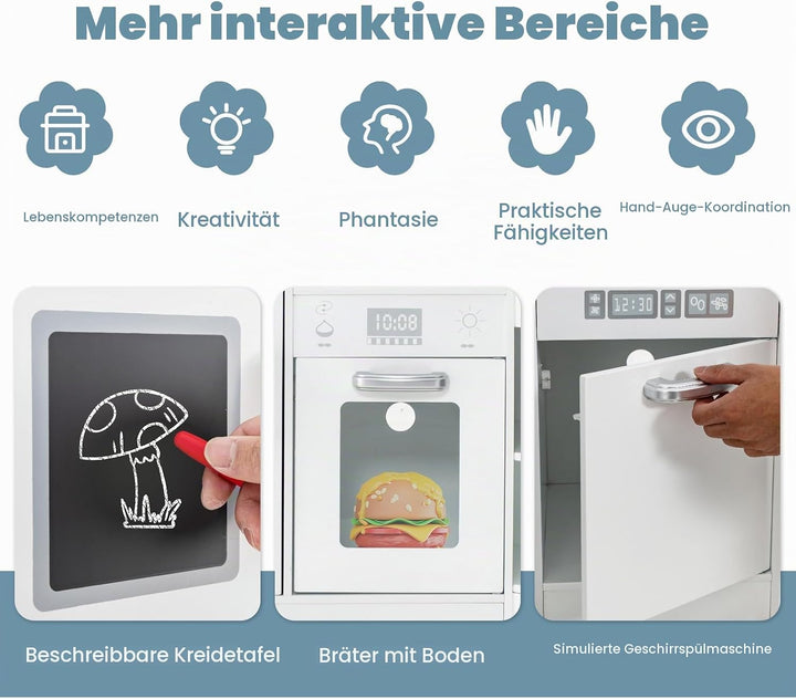 HOMASIS Eck Kinderküche Holz, Spielküche mit Licht, Sound &amp; Dampf, inkl. 16 Zubehör, Spielzeugküche