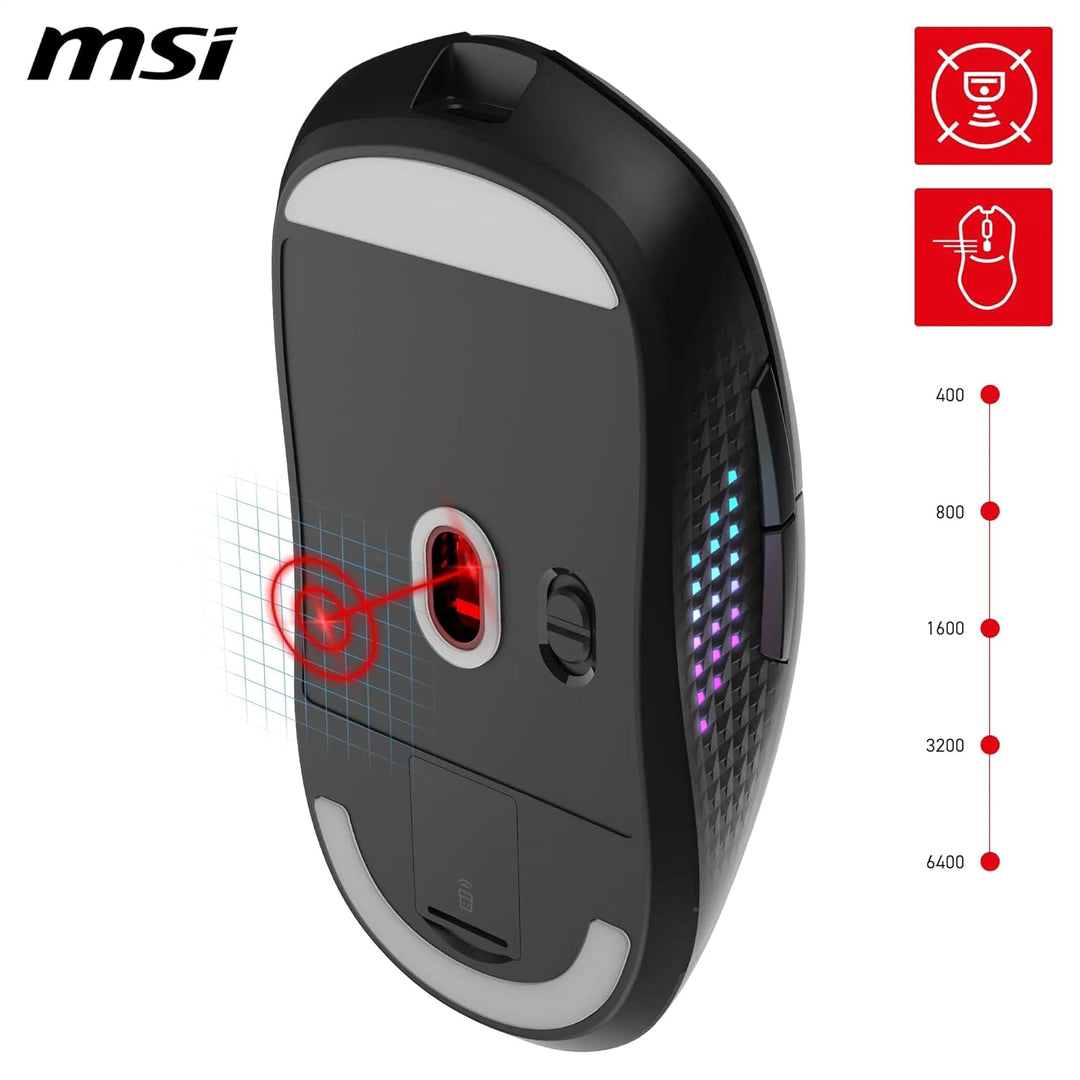 MSI Versa 300 Elite Wireless Gaming-Maus – 26.000 DPI-Optosensor, 1000 Hz Polling-Rate, symmetrisch,