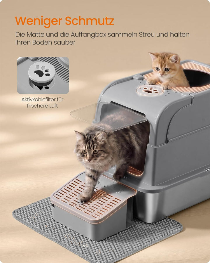 Feandrea Katzenklo Edelstahl, Katzentoilette mit Deckel, geschlossen, 2 Eingänge, inklusive Schaufel