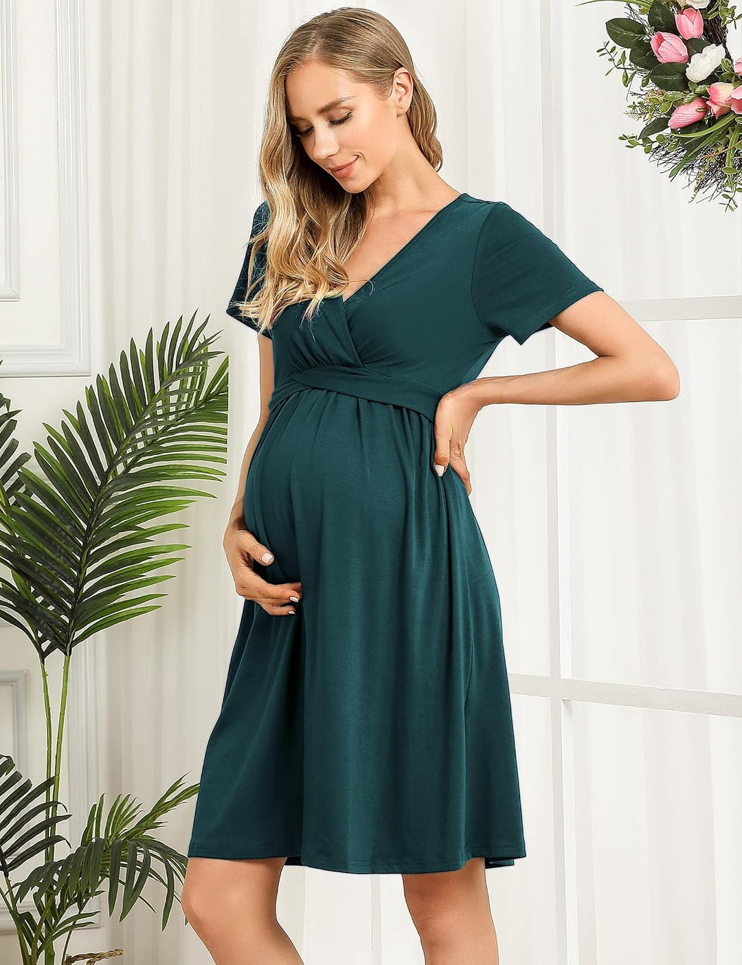 KOJOOIN Damen Umstandskleid V-Ausschnitt Stillkleid Casual Falten Schwangerschaftskleid(Verpackung M