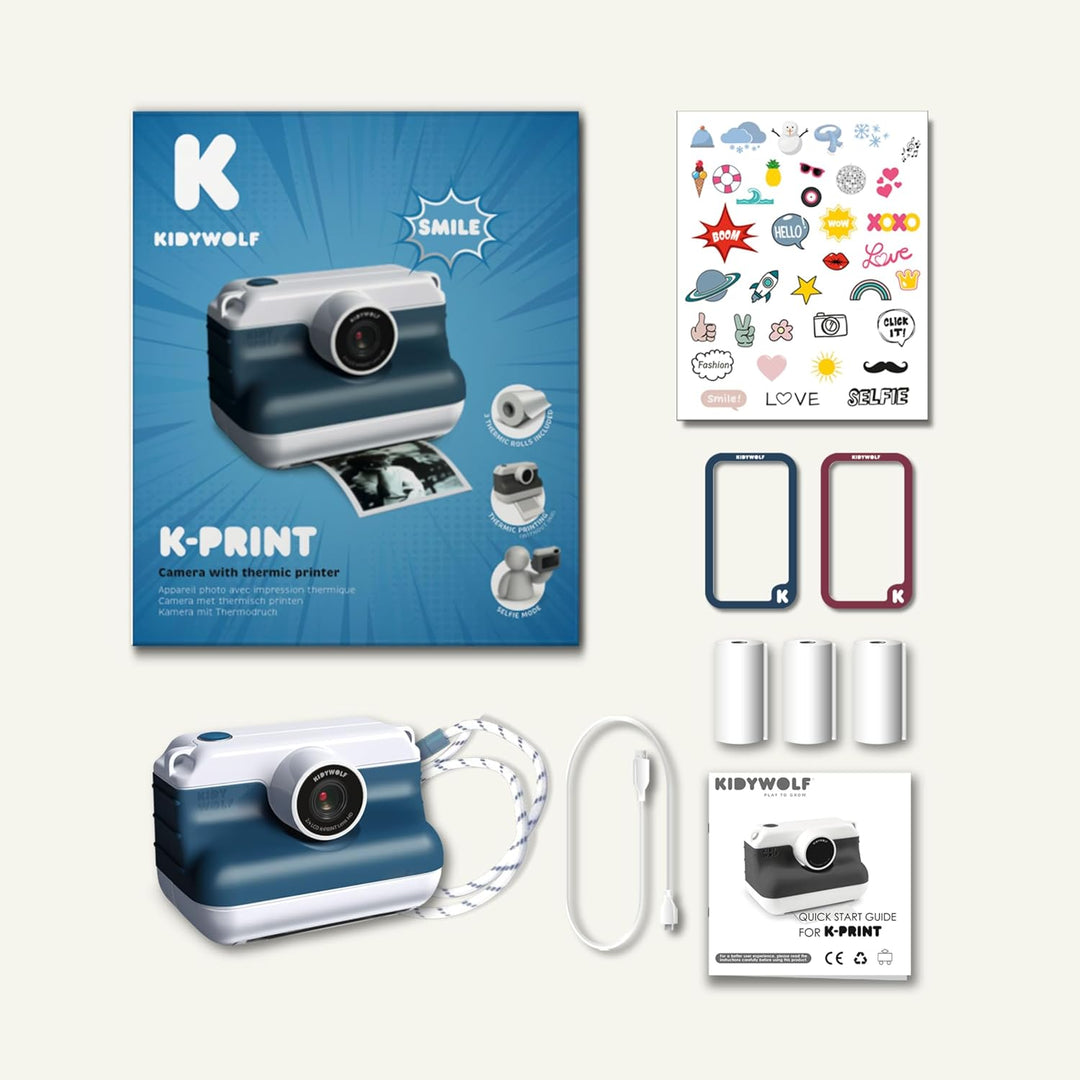 KIDYWOLF - K-Print Blau - Sofortbildkamera für Kinder ab 8 Jahren - Thermodruck ohne Tinte - Fotover