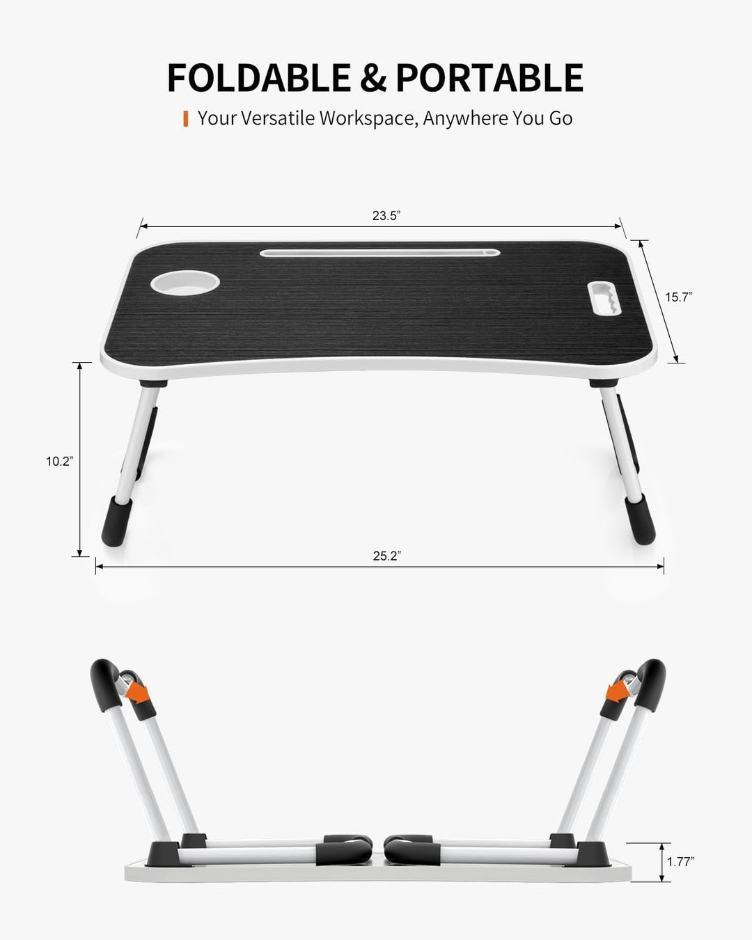 Faltbarer Laptoptisch, tragbarer Schossschreibtisch, Betttisch, Laptop-Ständer mit Getränkehalter &