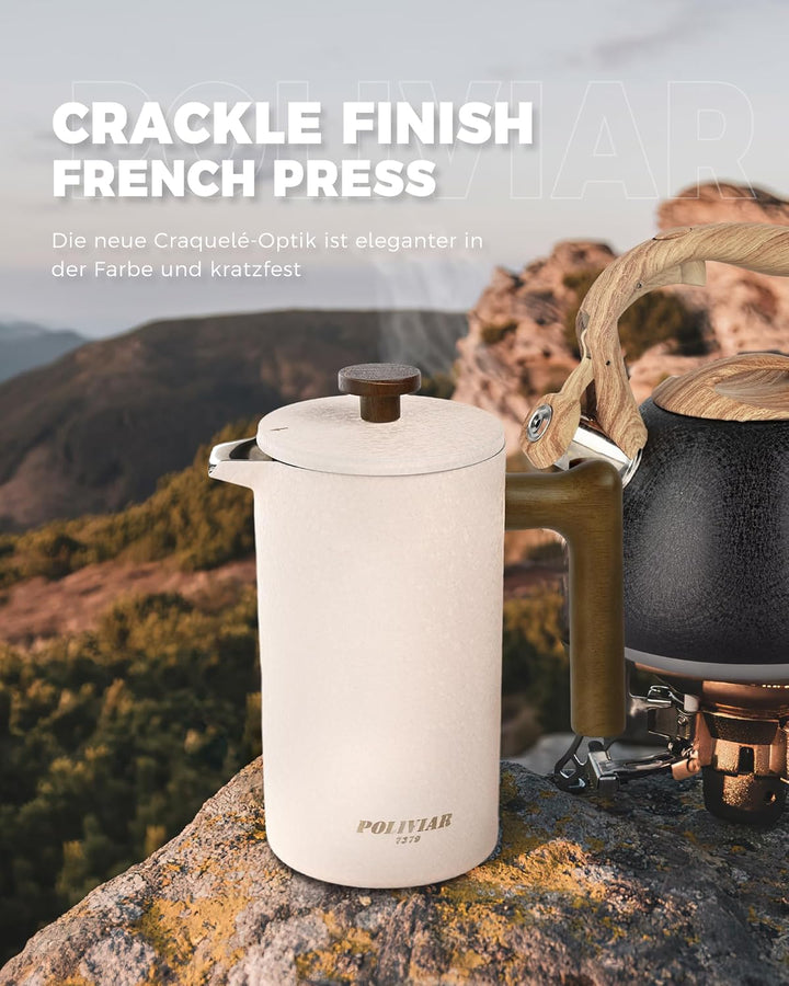 Poliviar French Press Kaffeebereiter 1 Liter/8 Tassen, Doppelwandige Isolierte Kaffeekanne, Handfilt