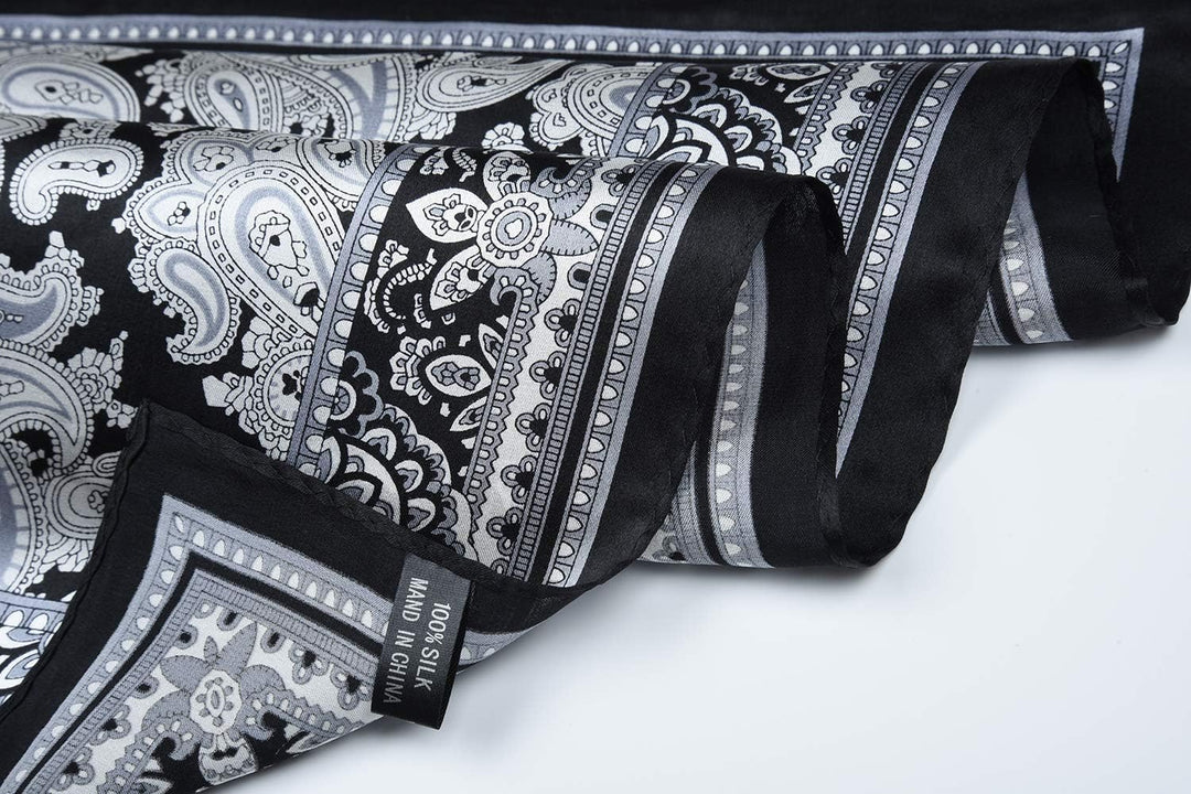 Corciova Damen Halstuch, 100 % Maulbeerseide, quadratisch, klein Paisley Weiss und Schwarz, Paisley