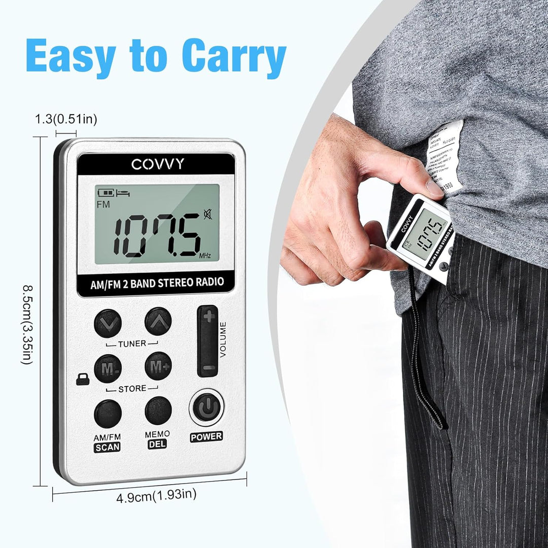 AM/FM Tragbares Radio,Covvy Digitales Pocket Mini Radio mit 500mAh 3.7V Wiederaufladbarer Akku und K