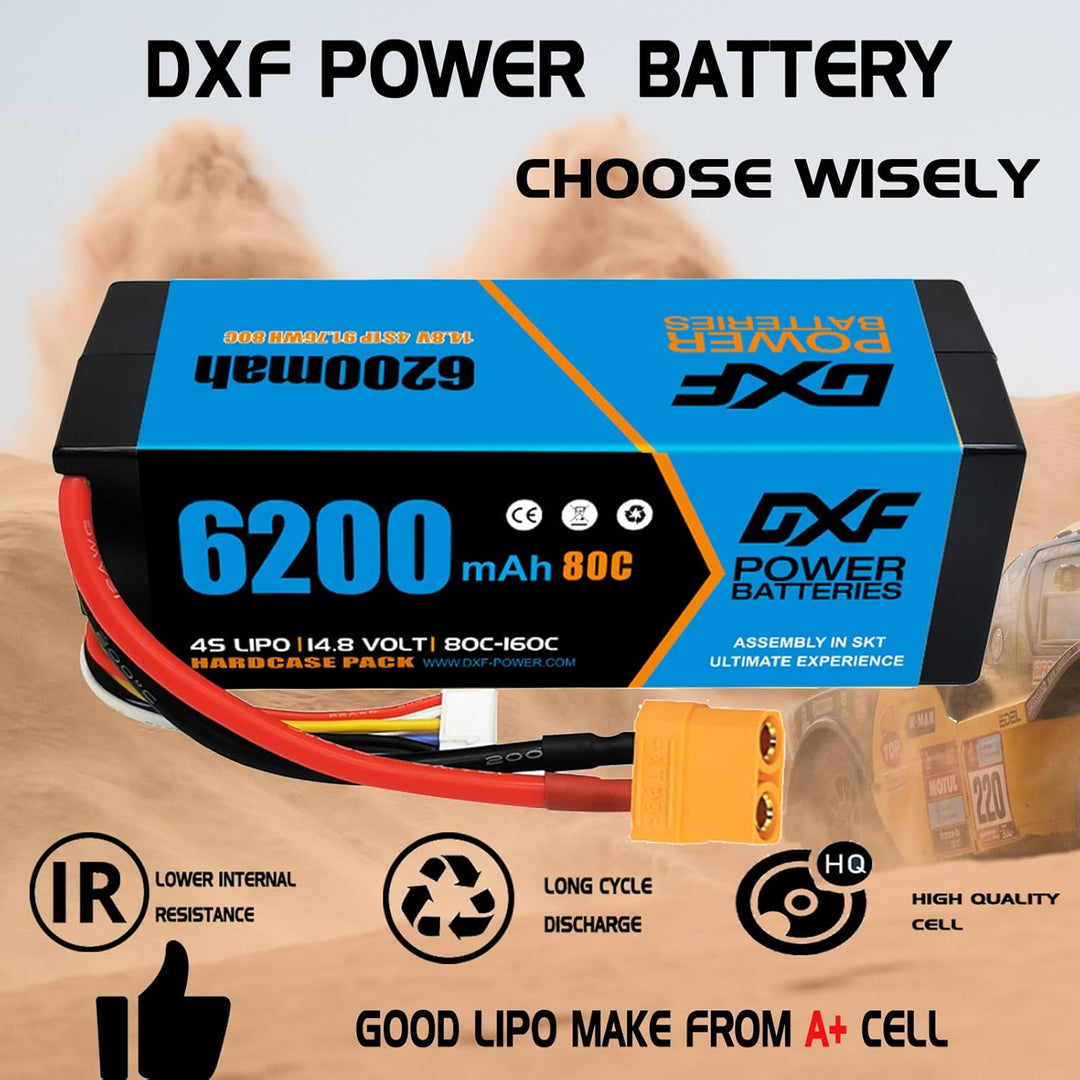 DXF Lipo 4S Akku XT90 14,8 V 80 C 6200 mAh starrer Akku mit XT90-Stecker für RC Fahrzeuge 1/8 und 1/