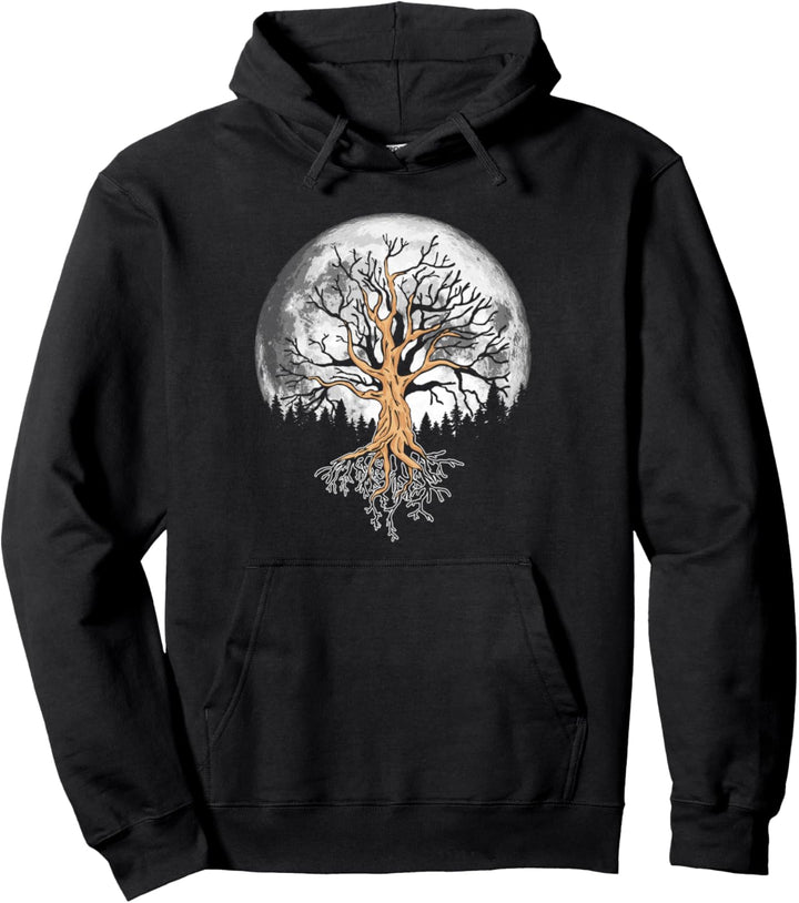 Retro Full Moon & Minimalist Oak Tree Vintage Graphic Pullover Hoodie
