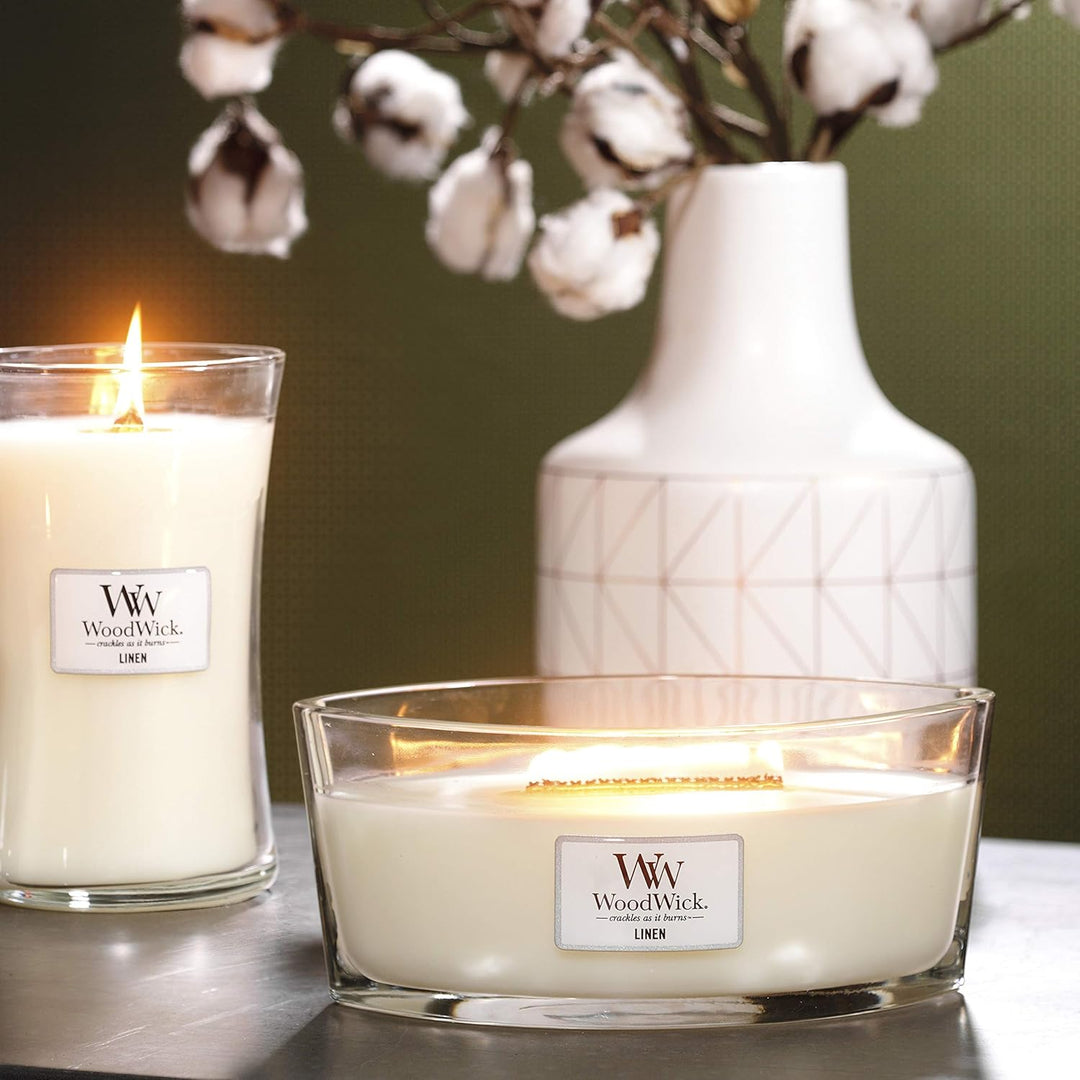 Ellipsenförmige WoodWick Duftkerze mit knisterndem Docht, Linen, bis zu 50 Stunden Brenndauer, 454g
