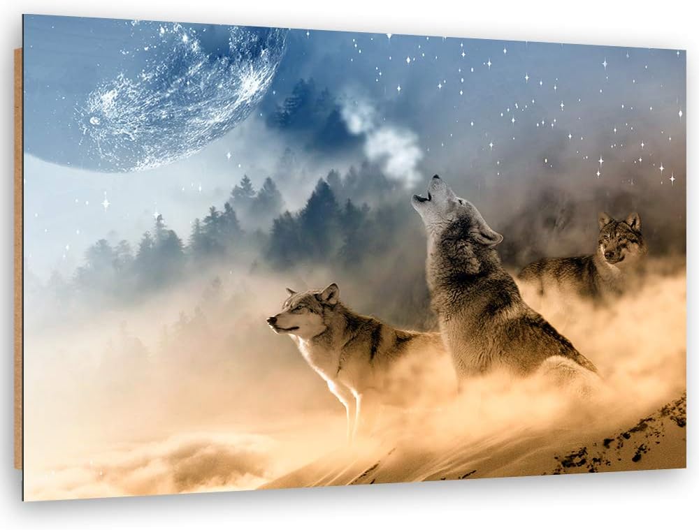 Wandbild XXL Wölfe Deko Kunst Bilder Mond Braun 120x80 cm Deko Paneel 120x80 cm Braun_a, Deko Paneel