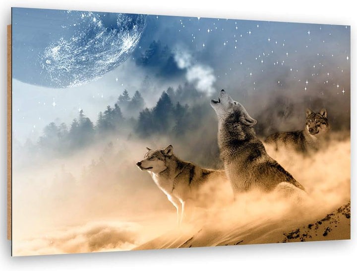 Wandbild XXL Wölfe Deko Kunst Bilder Mond Braun 120x80 cm Deko Paneel 120x80 cm Braun_a, Deko Paneel