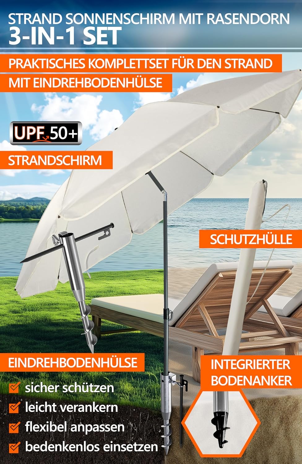 4smile Sonnenschirm Strand Ø 180 cm SET mit Eindrehbodenhülse, Beige | Strandschirm Windfest Stabil