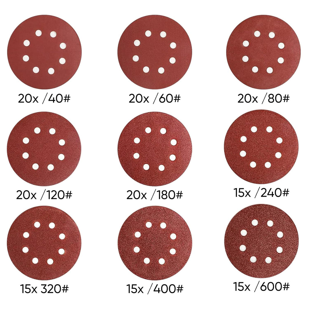 SHALL 160 Stück 125-mm-Schleifscheiben (Klettverschluss, 9 Typen, gemischte Körnung), 8-Loch, runde