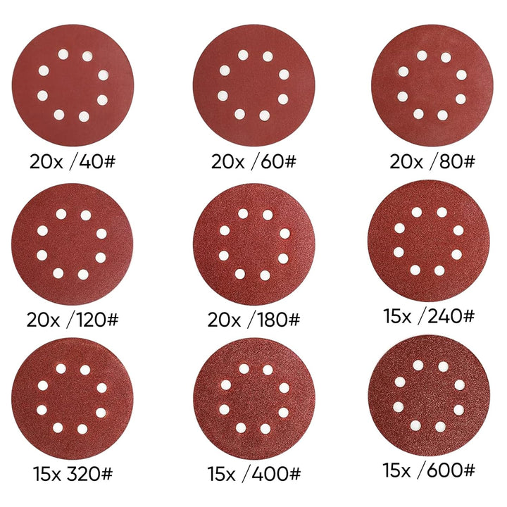 SHALL 160 Stück 125-mm-Schleifscheiben (Klettverschluss, 9 Typen, gemischte Körnung), 8-Loch, runde