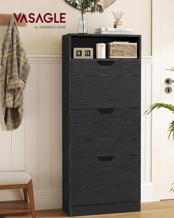 VASAGLE Schuhschrank 3 Klappen, Schuhkipper, Schuhregal, Schuhaufbewahrung, offenes Fach, Trennwand
