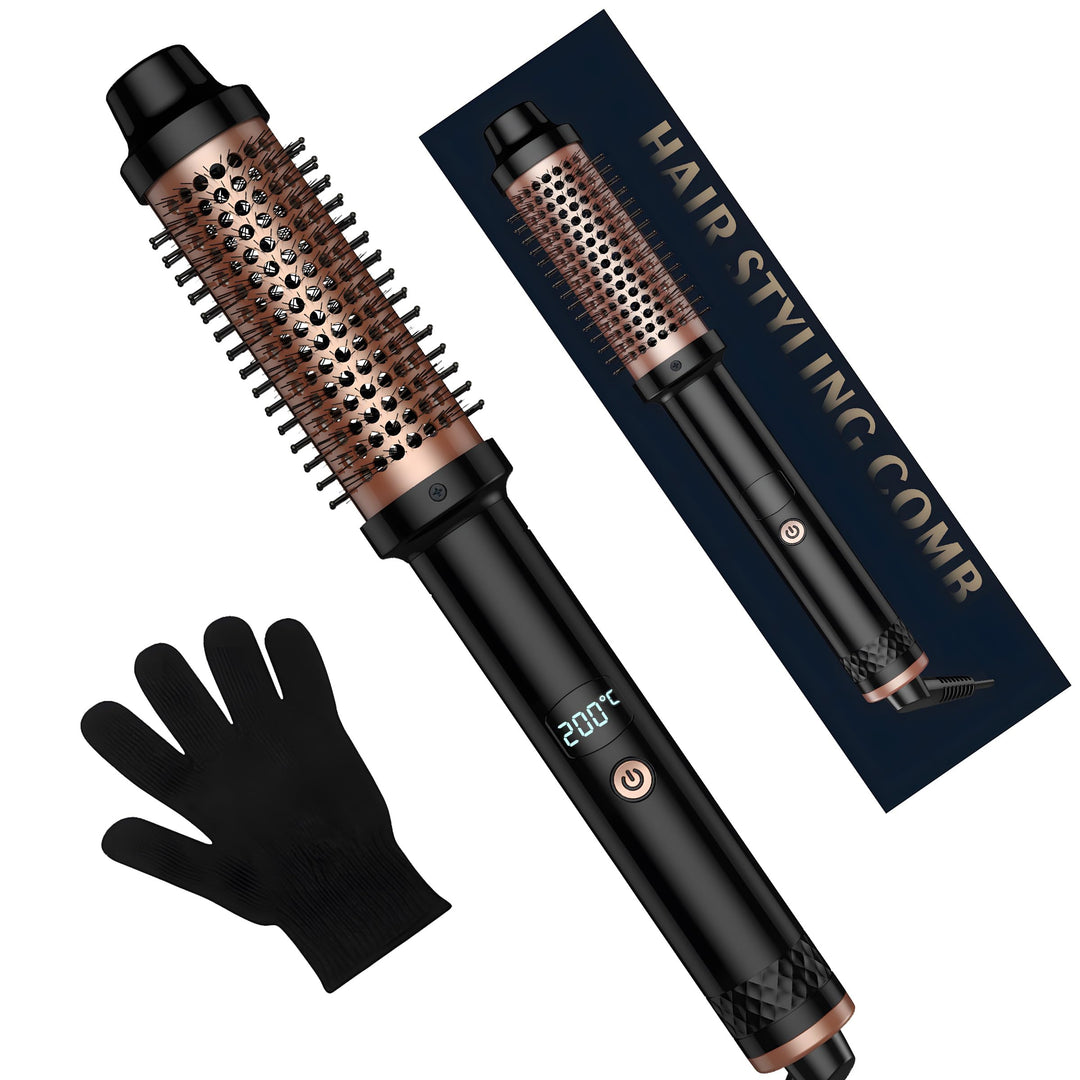 Thermobürste 3 in 1, 38mm Thermal Brush LCD 120-200℃ Dual PTC Heated Round Brush, Lockenbürste, Glät
