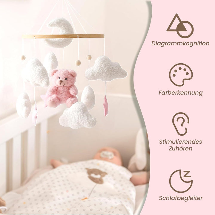 Herfair Mobile Baby Bettglocke mit Teddybär Hölz Mädchen Hängende Mobile Windspiel für Babybett Kind