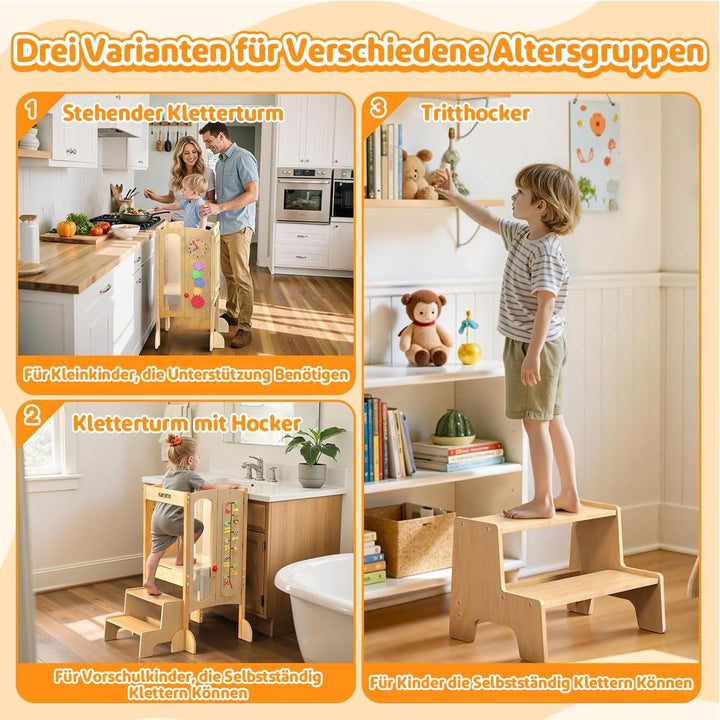 Lernturm Klappbar, 2 Fach Höhenverstellbar-Montessori Lernturm ab 1 Jahr aus Birke, Vormontiert/Plat