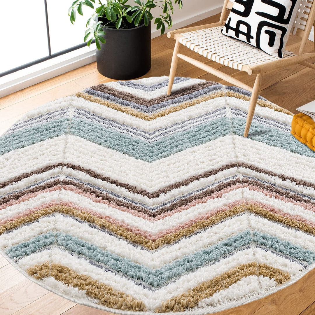 payé Teppich Rund - Hochflor - 120x120cm - Boho - Geometrisch Zick Zack - Muster -Pastellfarben Mult
