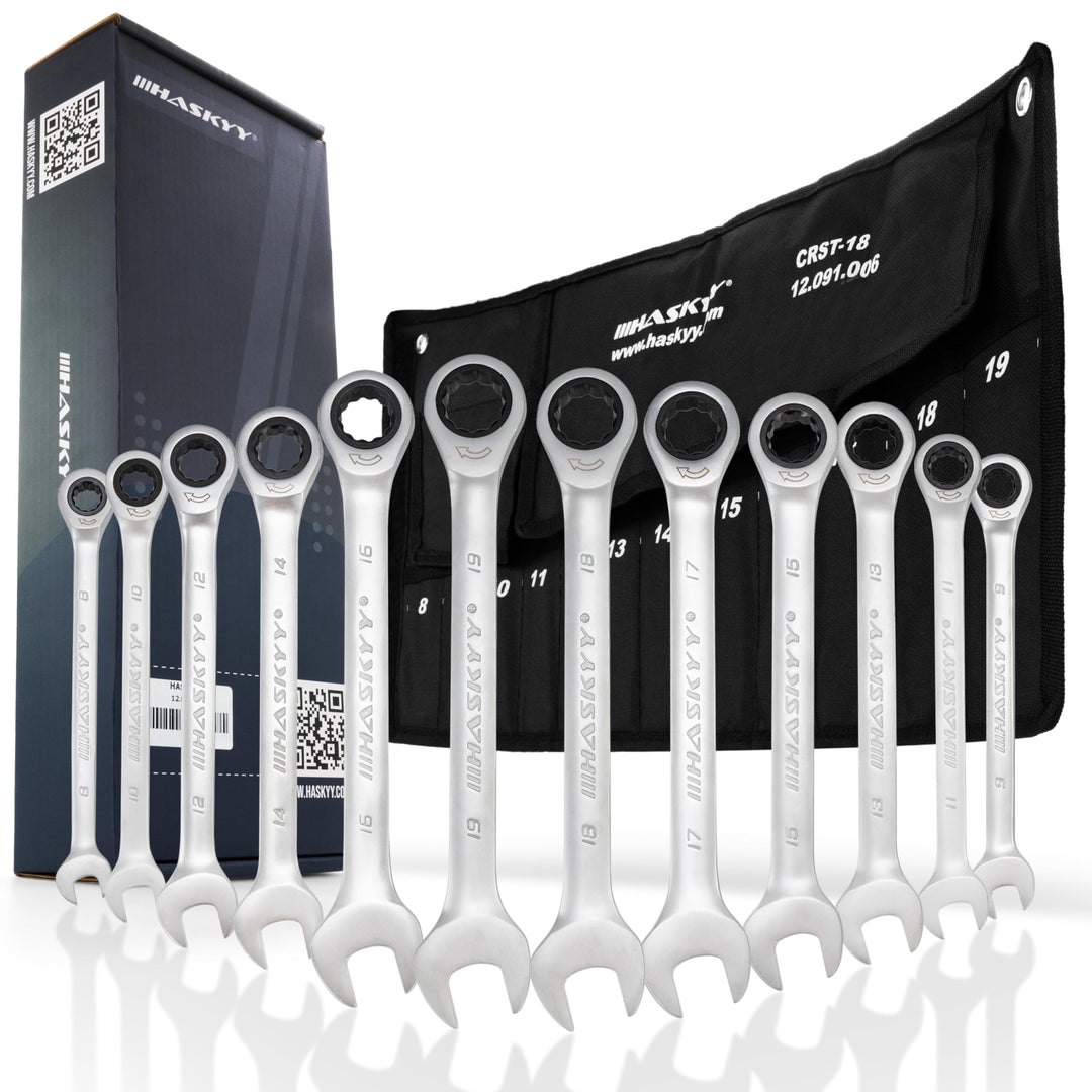 12-Tlg. Ratschenschlüssel-Set 8-19mm Gabelschlüssel Ratschen-Schlüssel-Satz Maulschlüssel, Ratschens