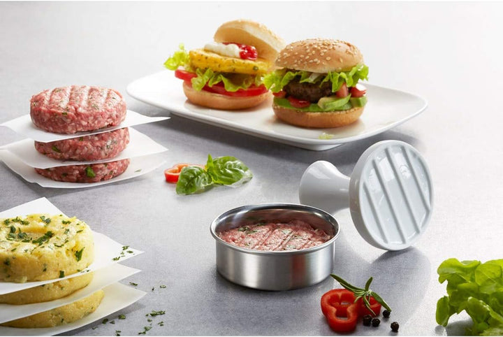 GEFU Party Burgerpresse SPARK 15400, Hamburger-Presse Edelstahl klein Ø 7,8 cm 60 g Patties, Gemüseb
