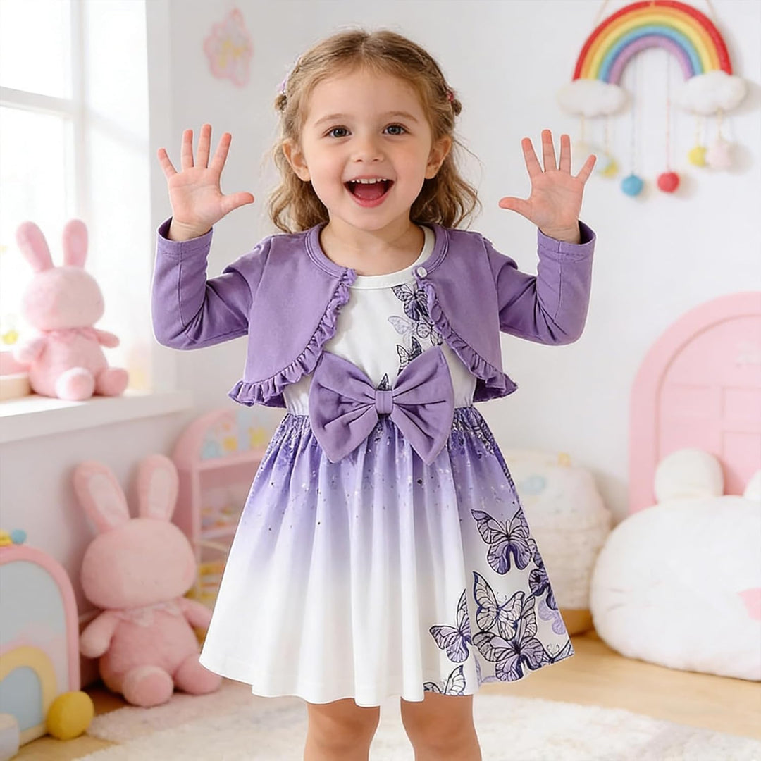 Kunyeah Baby Mädchen Kleid und Strickjacke Set Kleinkind Ruffle Shrug Mantel Schmetterling Print Roc