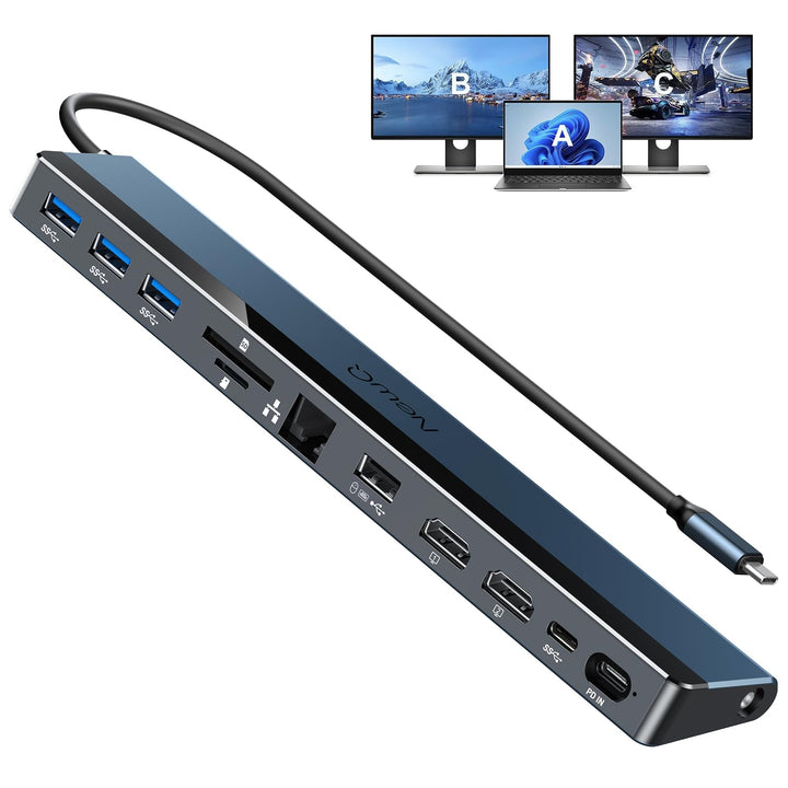 USB C Dockingstation Dual Monitor, 12-in-1 Laptop-Dock mit Dual HDMI 4K @ 30~60Hz, PD-in 100W, 5Gbps