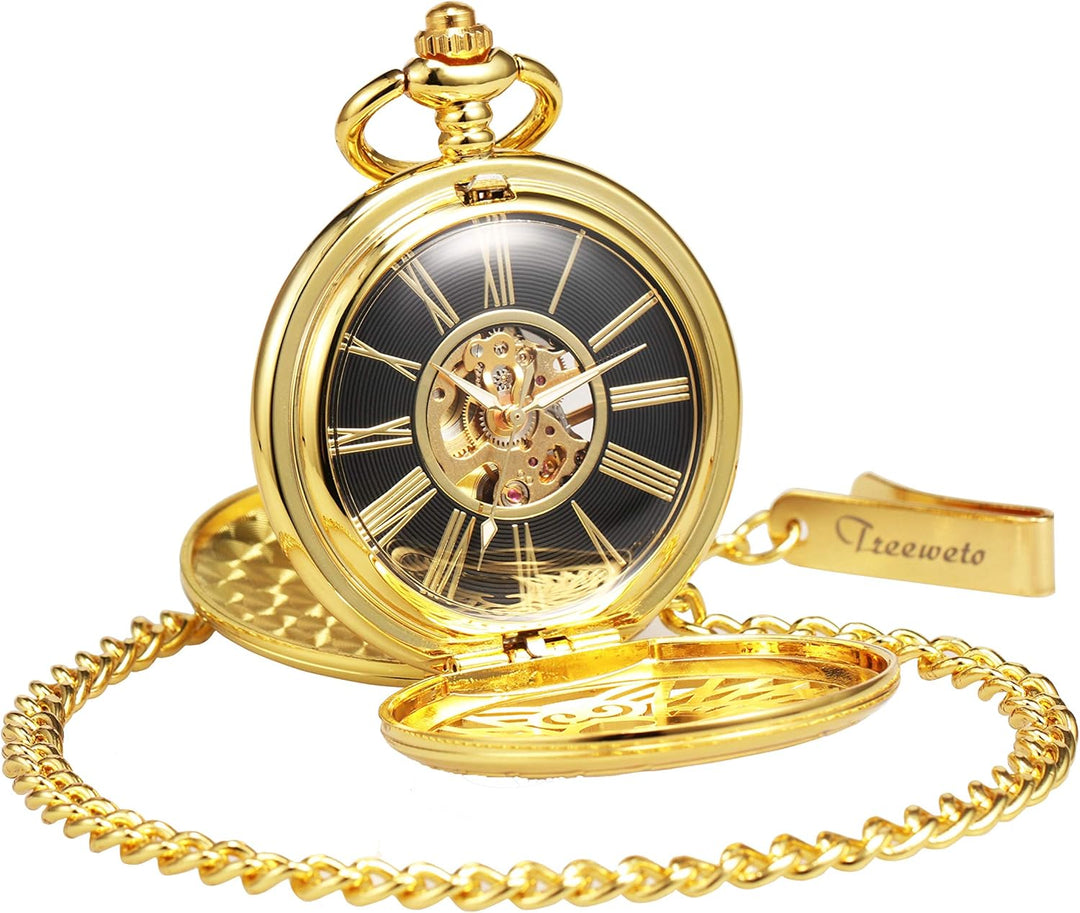 TREEWETO Unisex Taschenuhr mit Kette Analog Handaufzug Doppelscharnier Adler Skelett Römische Ziffer