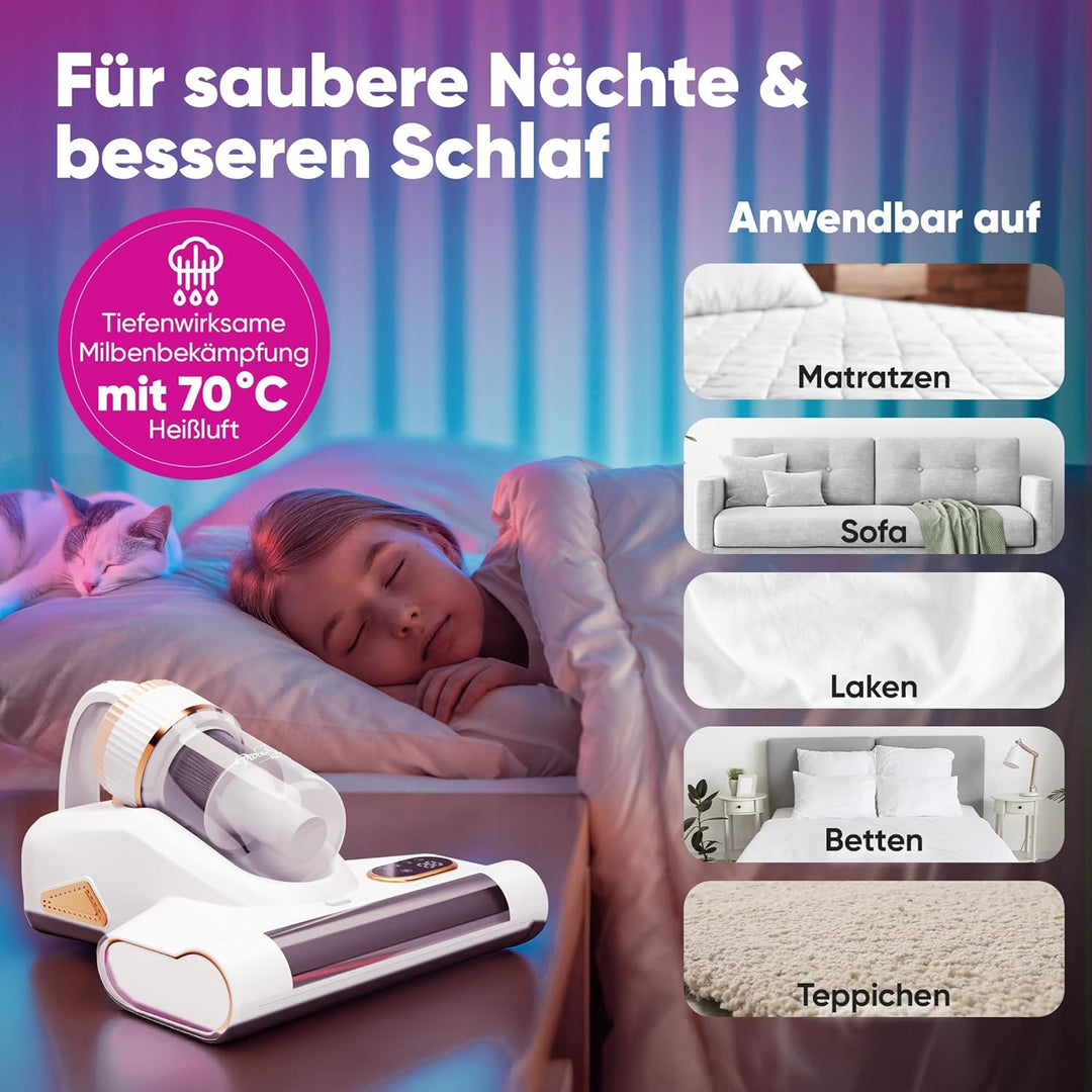 Milbensauger für Matratzen UV-Licht 99,9% Milbenentfernung 10.000Pa Kabellos, 3500 mAh Akku, Warmluf