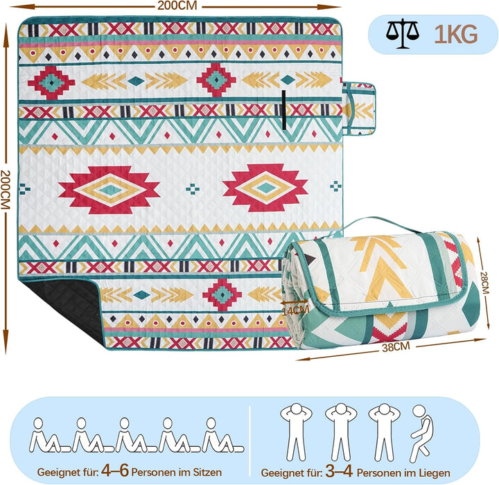 Picknickdecke 200x200 cm - Stranddecke XXL, wasserdicht & isoliert Campingdecke, atmungsaktiv und we