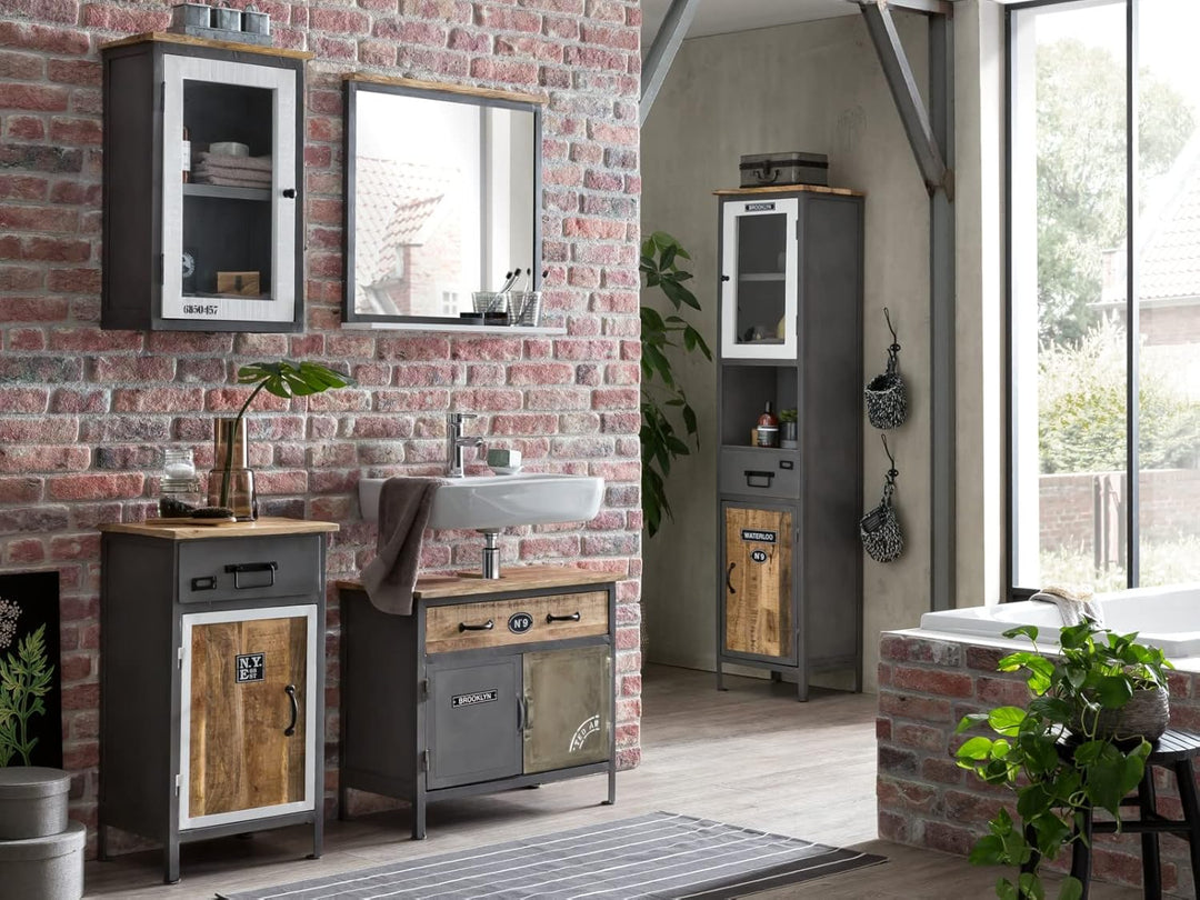 Woodkings® Bad Hängeschrank Pinetown Metall recyceltes Massivholz antik, Vintage, Design, Industrial