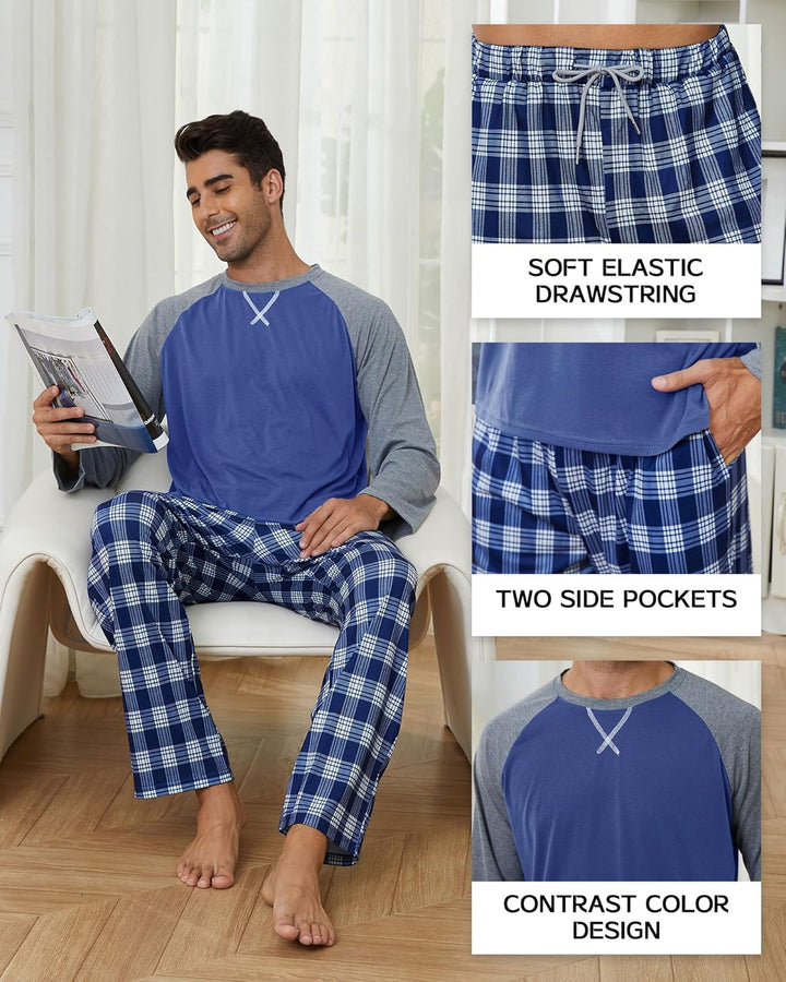 CheChury Herren Schlafanzug Lang Pyjama Rundhals Männer Langarm Oberteil und Karierte Schlafanzughos