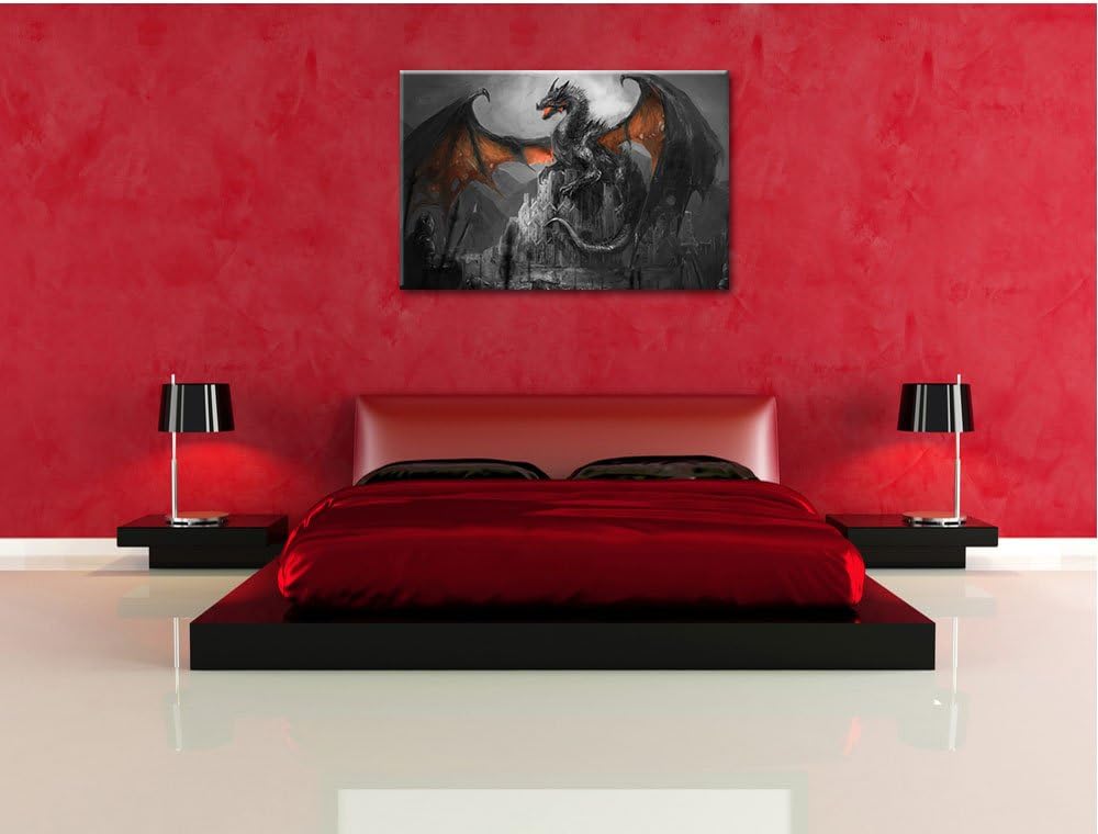 Pixxprint Drache schützend über Burg Schwarz/Weiss, Format: 100x70 auf Leinwand, 100x70