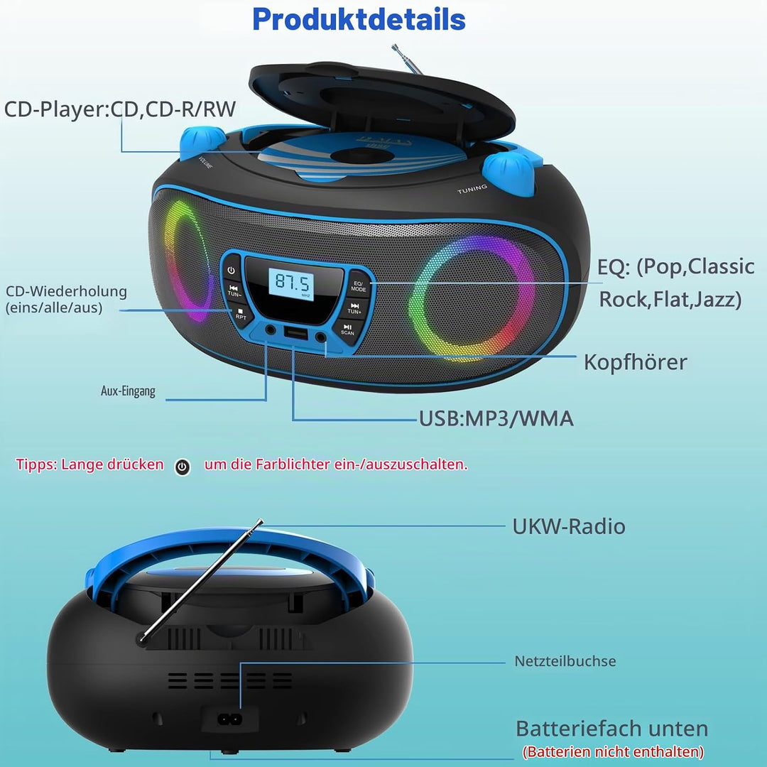 Tragbarer Stereo-CD-Player Boombox mit UKW-Radio, Bluetooth, CD-R/CD-RW/MP3/WMA-Wiedergabe, USB-Ansc