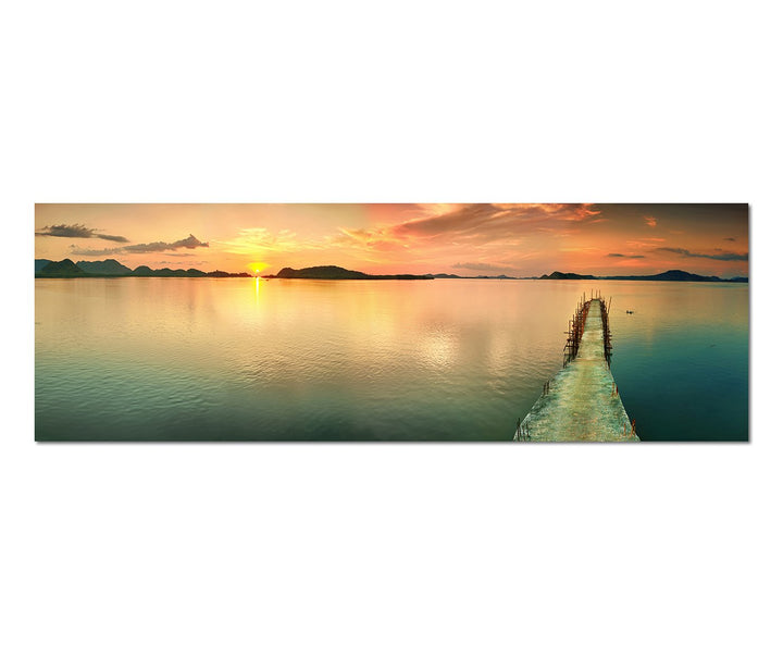 Paul Sinus Art Panoramabild auf Leinwand und Keilrahmen 150x50cm Meer Steg Sonnenuntergang