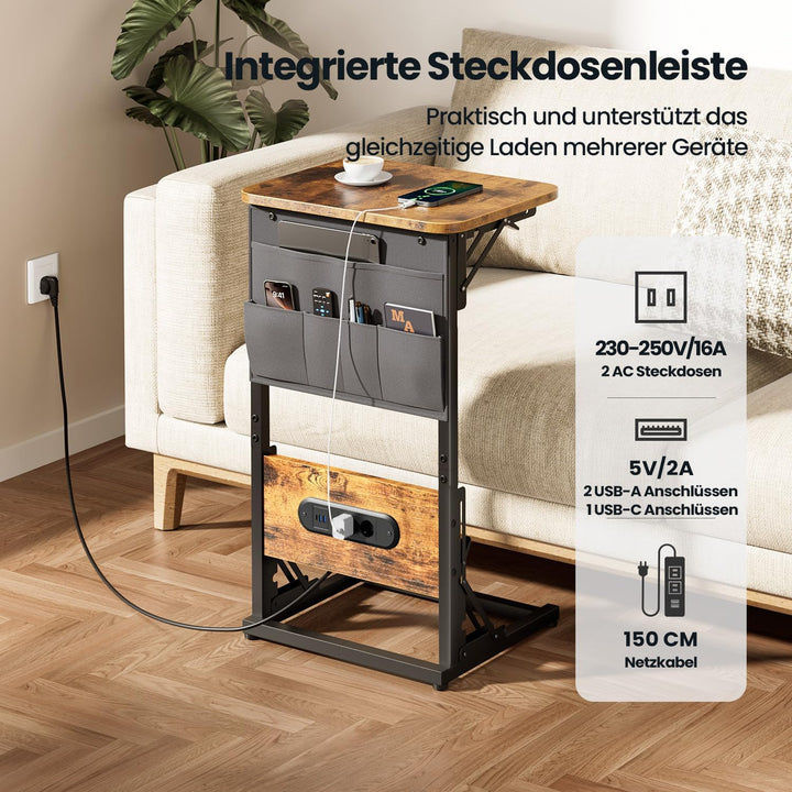 HLONONE Beistelltisch C Form, Klappbarer Sofatisch mit Steckdosen, Couchtisch mit Metallrahmen für S