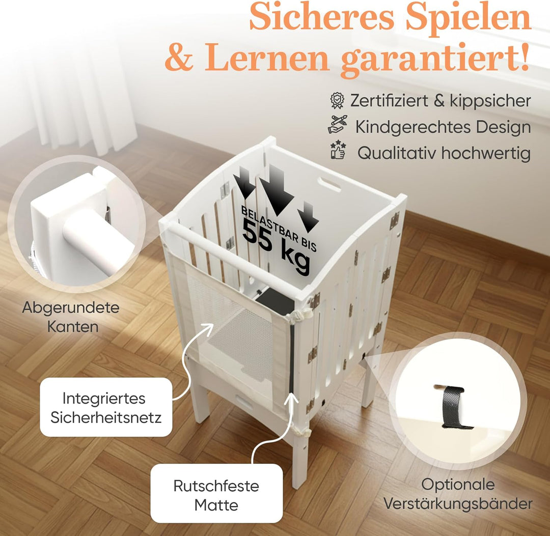 Lernturm ab 1 Jahr [FALTBAR] – Montessori Learning Tower, vormontiert, höhenverstellbar & extra sich