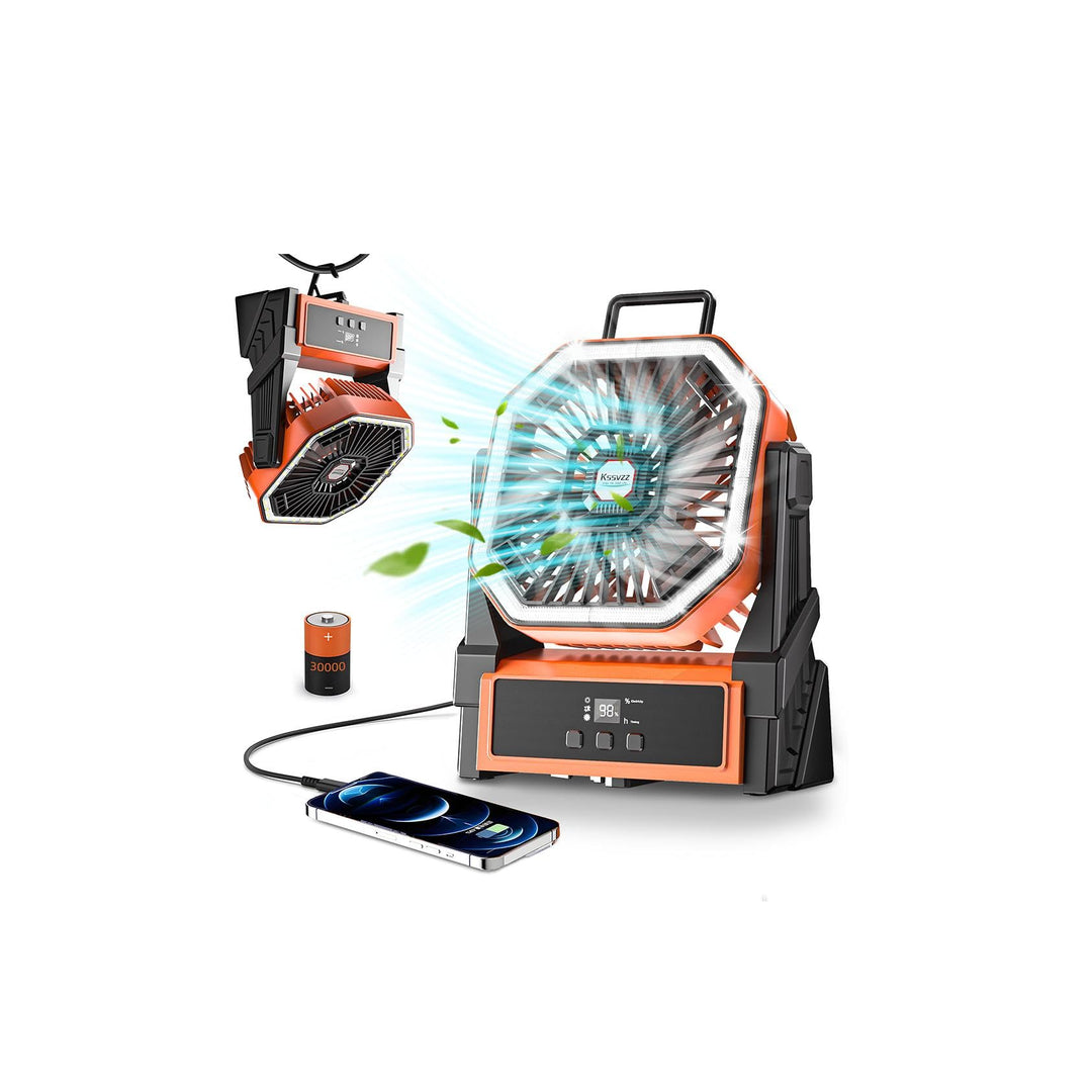 Kssvzz 30000mAh Camping Ventilator, 4 Geschwindigkeiten USB Ventilator Aufladbar mit LED, 270° Drehu