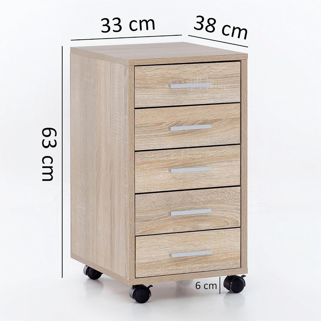 Finebuy Rollcontainer 33 x 63 x 38 cm Holz Schubladenschrank Schreibtisch, Büro Schrank mit 5 Schubl