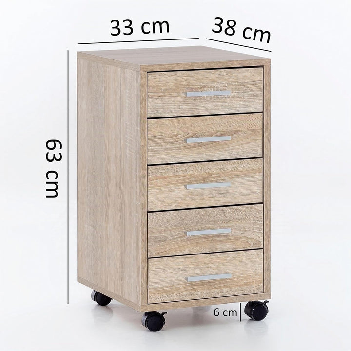 Finebuy Rollcontainer 33 x 63 x 38 cm Holz Schubladenschrank Schreibtisch, Büro Schrank mit 5 Schubl