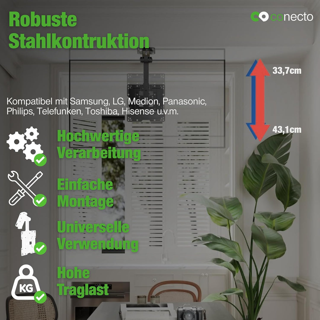 Conecto Deckenhalterung für Fernseher, geeignet für 19-43 Zoll, klappbar, höhenverstellbar, schwenkb