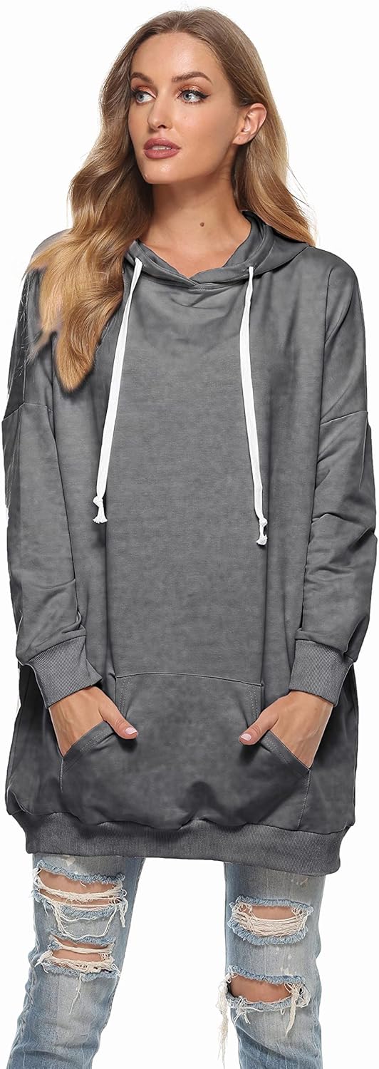 Famulily Damen Oversized Hoodie Kleid Baumwolle Lang Sweatshirt mit Kapuze Einfarbige Kapuzenpullove