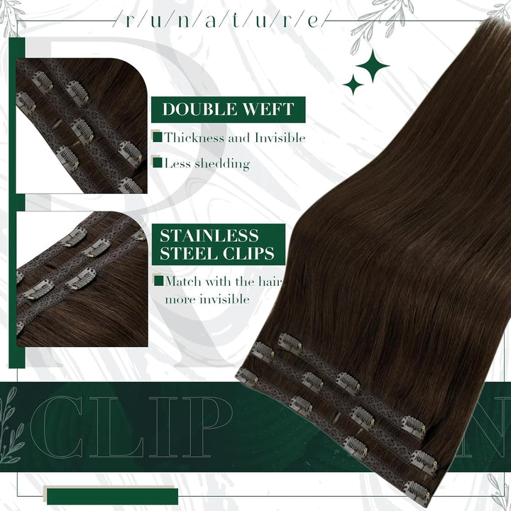 RUNATURE Clip Extensions Echthaar Braun 35cm Unsichtbar Clip in Extensions Echthaar Dunkel Braun Rem