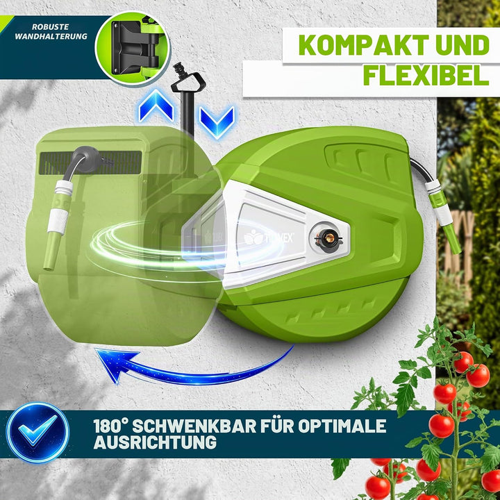 tillvex Schlauchtrommel Wasser 30+2m mit Wandhalterung + Tragegriff | Schlauchaufroller mit Handbrau