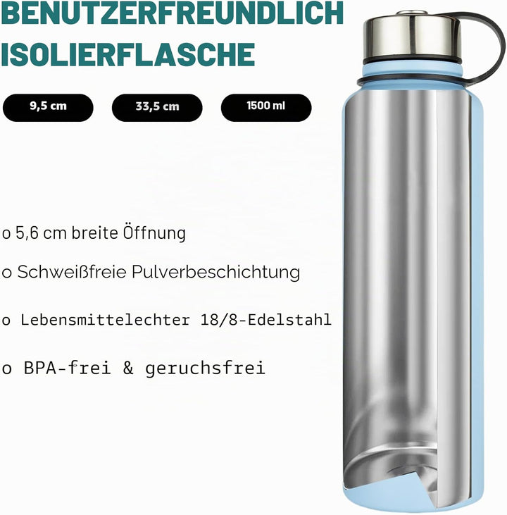 1,5 L Metall Edelstahl Trinkflasche Vakuum Flasche, Auslaufsicher Wasserflasche, BPA-Frei - Thermosf
