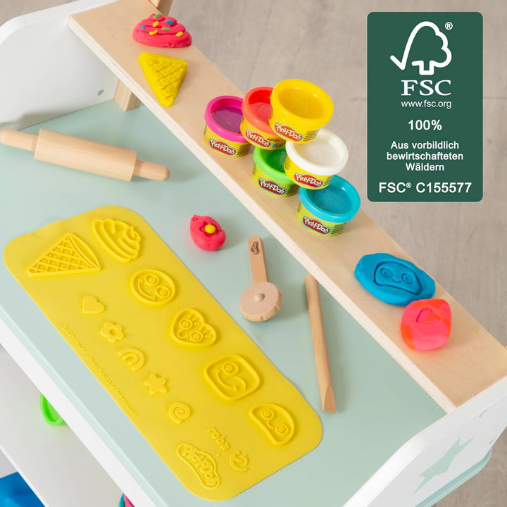 roba x Play-Doh Eisstand - Spielset aus FSC-zertifiziertem Holz mit 12 Knetdosen, Holzwerkzeug, Schü