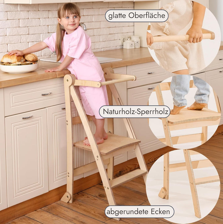 Goodevas Holz Lernleiter Montessori platzsparend: Klappbare Lernleiter, Hocker für Kinder, Faltbare