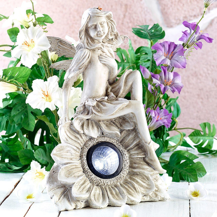 Lunartec Solarfiguren Garten: Solar-Gartendekoration sitzende Elfe mit LED-Beleuchtung (grosse Solar